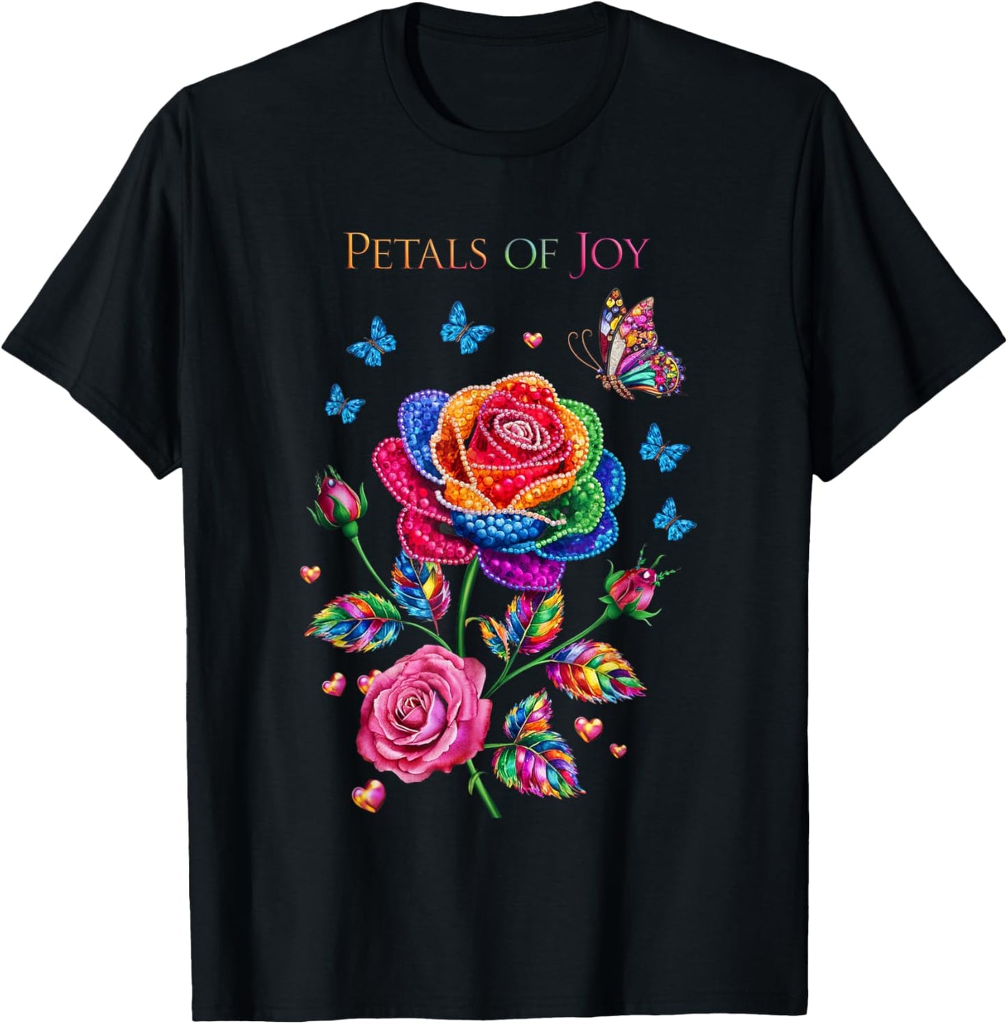 Petals of Joy Colorful Rose and Butterfly Art T-Shirt - T-Shirt | Black