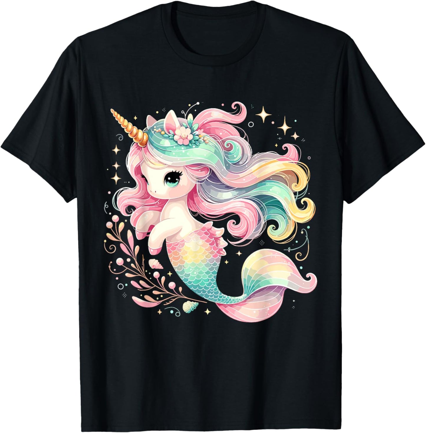 Unicorn Mermaid Birthday Party Girl Mermicorn T-Shirt - T-Shirt | Black