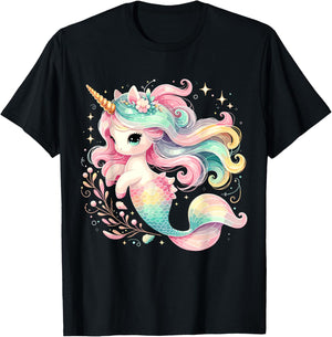 Unicorn Mermaid Birthday Party Girl Mermicorn T-Shirt - T-Shirt | Black