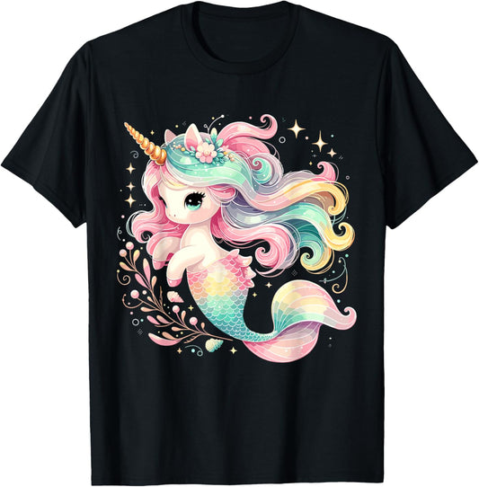 Unicorn Mermaid Birthday Party Girl Mermicorn T-Shirt - T-Shirt | Black