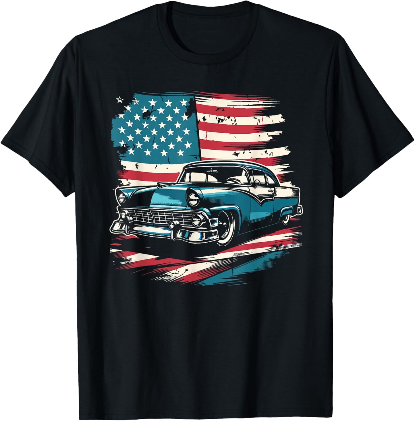 Vintage Classic Car American Flag 4th of July Patriotic T-Shirt - T-Shirt | Black