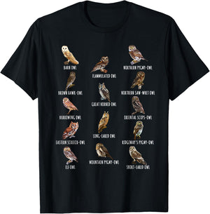 Different Owls Species Biology Types Of Owl Identification T-Shirt - T-Shirt | Black