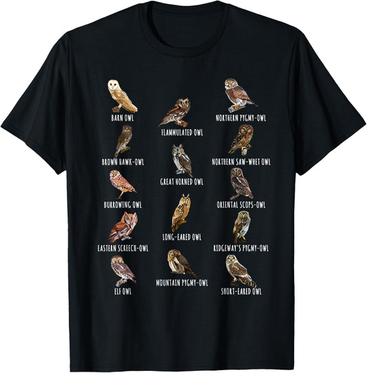 Different Owls Species Biology Types Of Owl Identification T-Shirt - T-Shirt | Black