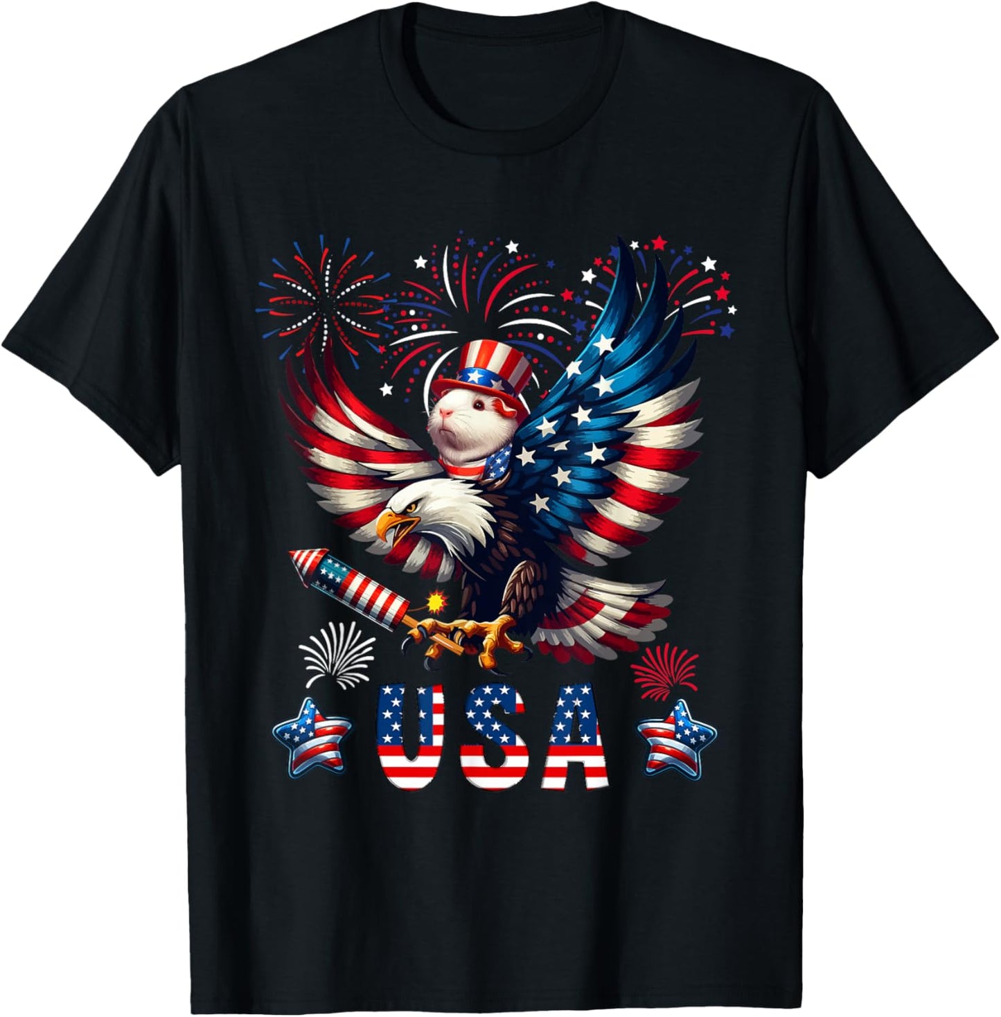 USA 4th Of July Guinea Pig Riding Eagle Fireworks Patriotic Kids Men T-Shirt - T-Shirt | Black