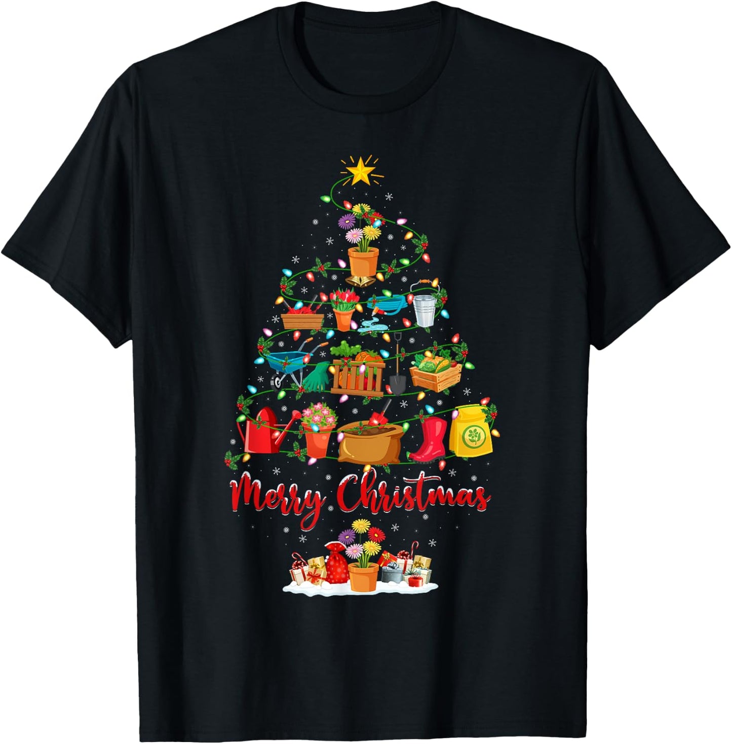 Garden Plant Xmas Lighting Santa Gardening Christmas Tree T-Shirt - T-Shirt | Black