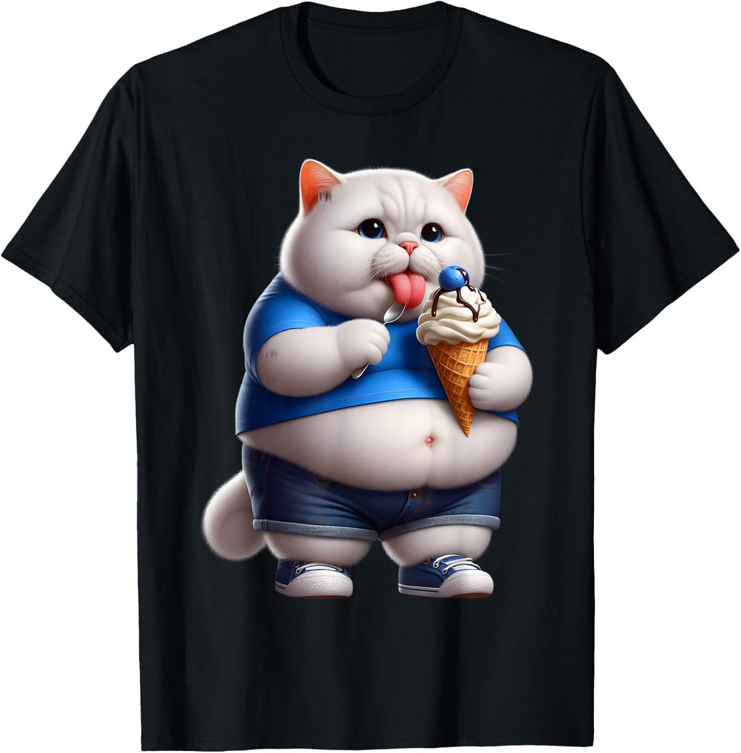 Funny Fat Cat Men Women Kids Ice Cream Fat Kitten Cat Lover T-Shirt - T-Shirt | Black