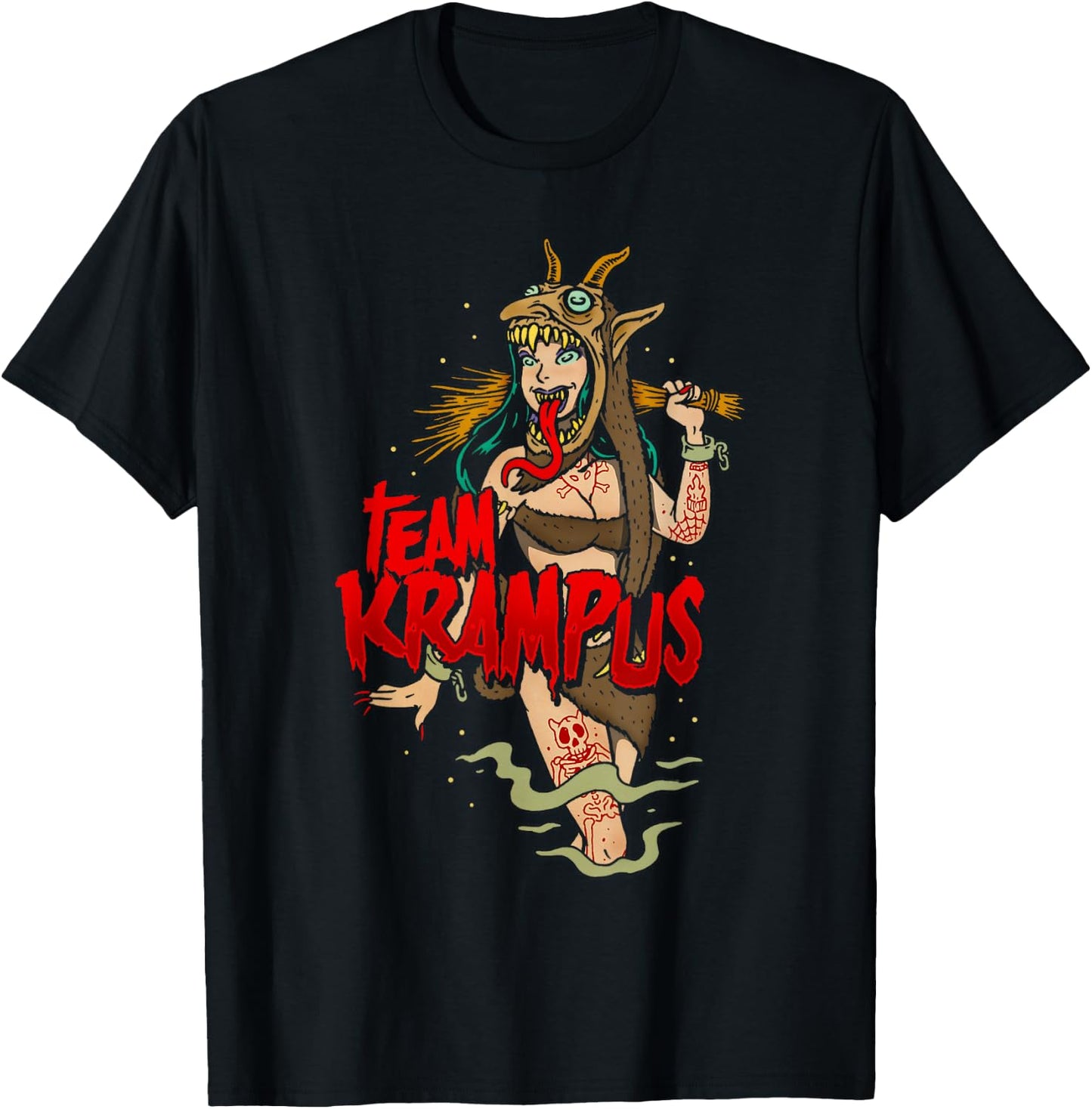 Team Krampus Pinup Goth Emo Girl Christmas T-Shirt - T-Shirt | Black