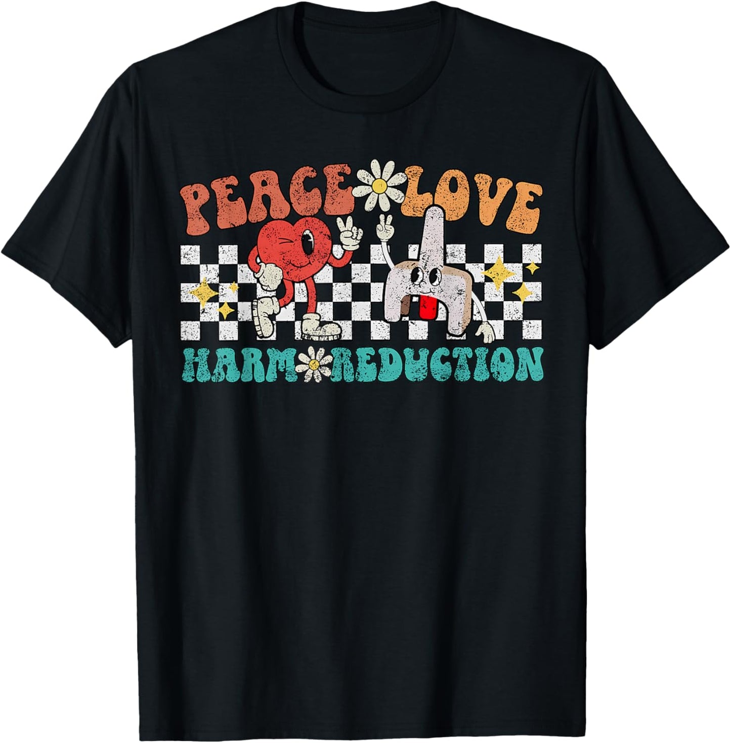 Retro Peace Love Harm Reduction Overdose Awareness Nurse T-Shirt - T-Shirt | Black