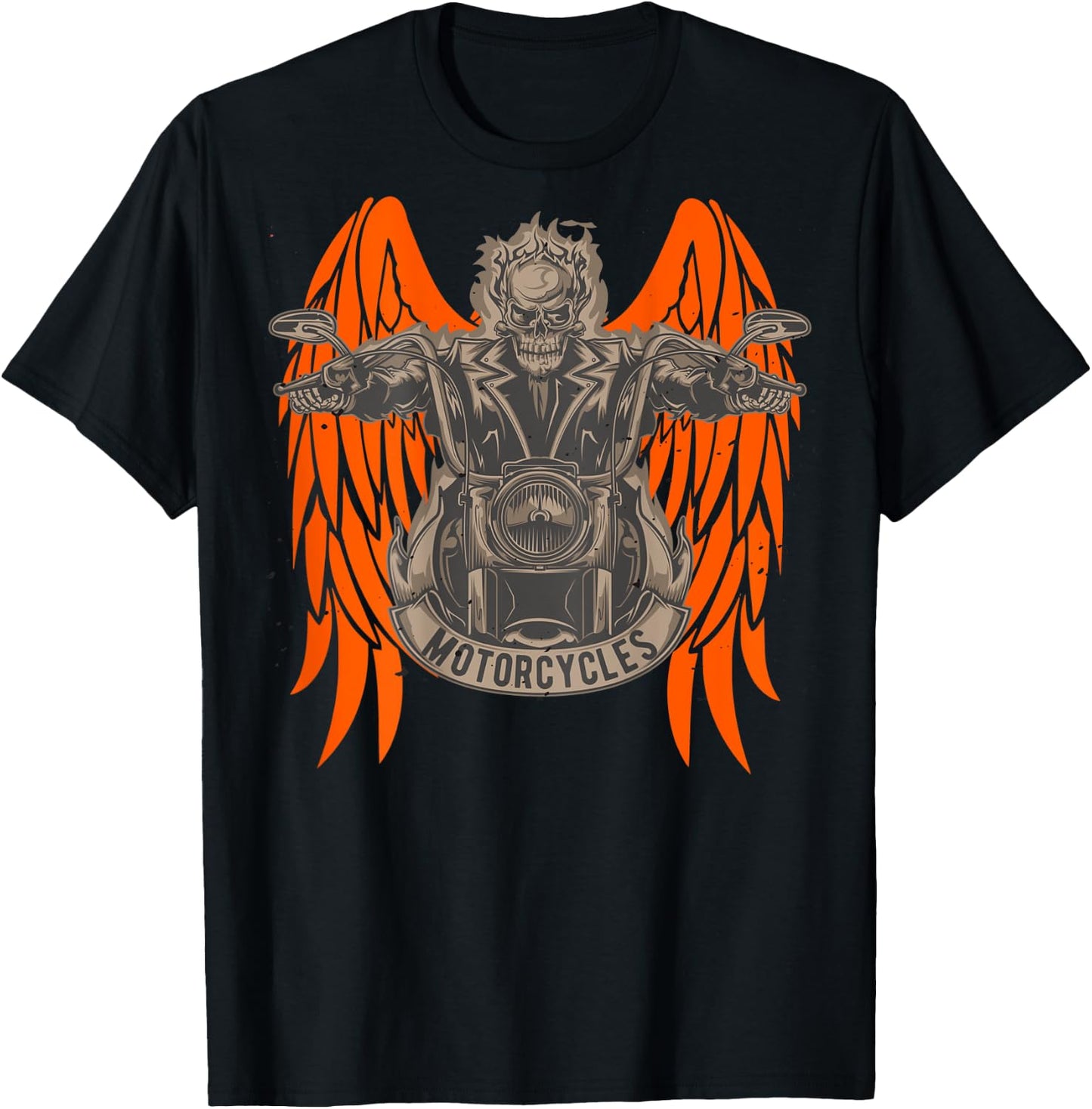 Motorcycle Rider Skeleton Angel Wings Distressed - on back T-Shirt - T-Shirt | Black