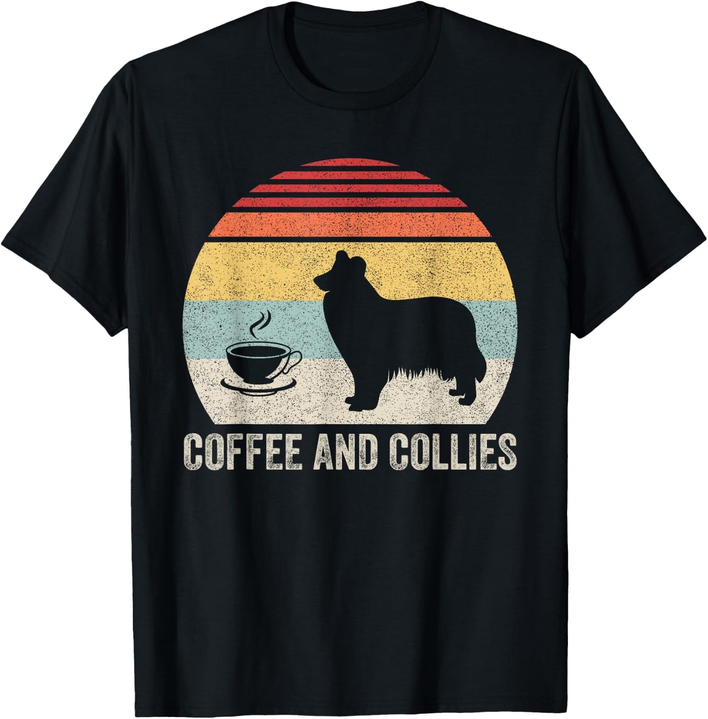 Vintage Retro Coffee And Collies Rough Collie Border Collie T-Shirt - T-Shirt | Black