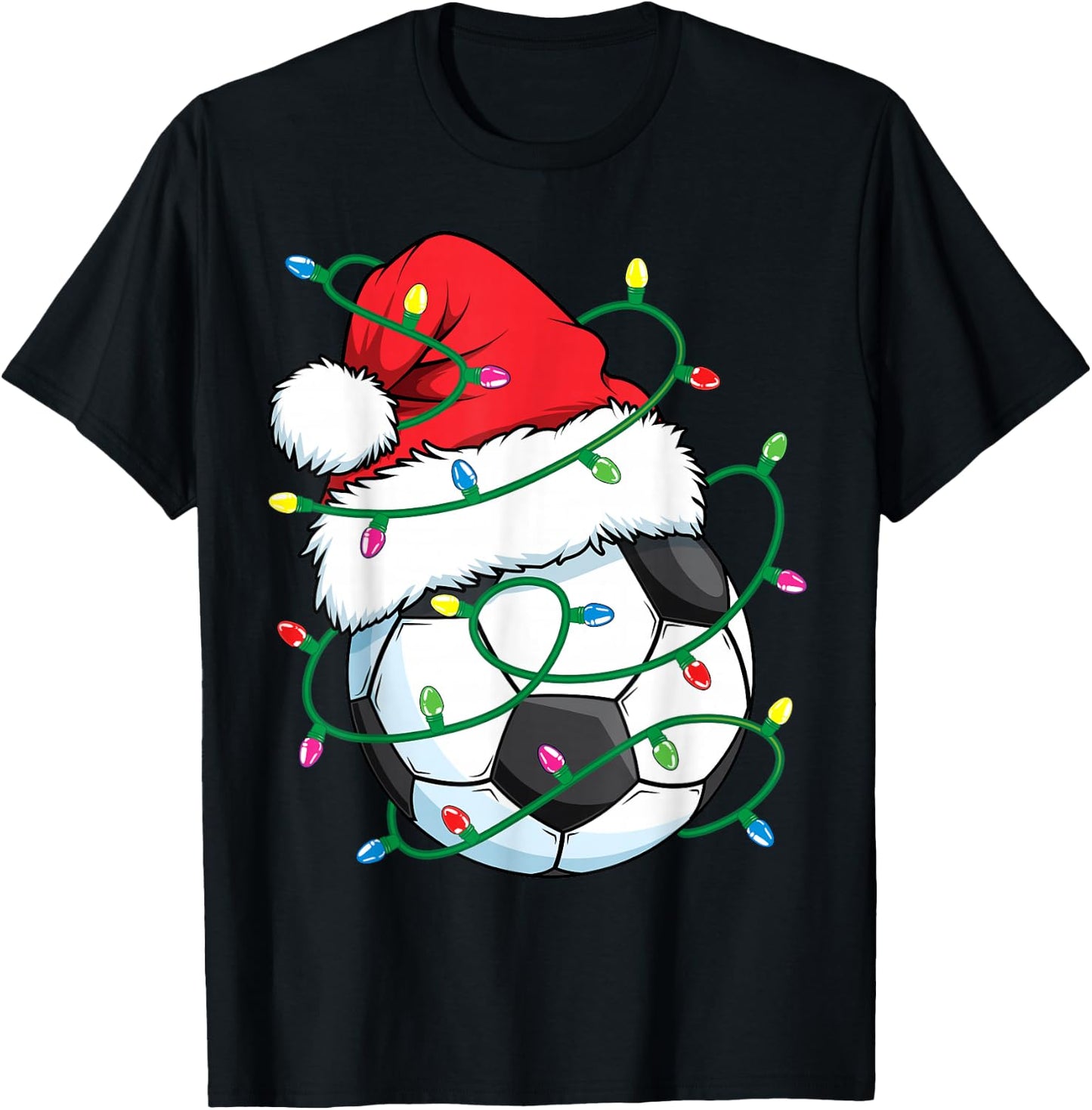 Santa Soccer Sports Ball Men Boys Christmas Xmas Lights T-Shirt - T-Shirt | Black