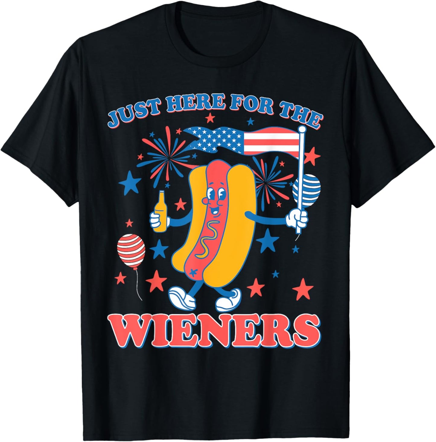 Just Here For The Wieners American Flag Hot Dog 4th Of July T-Shirt - T-Shirt | Black