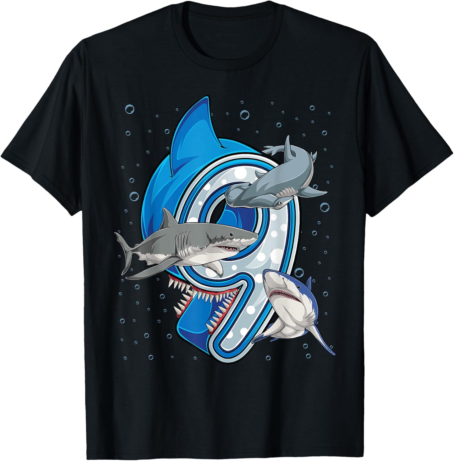 9th Birthday Boys Shark 9 years Old Ocean Shark B-day T-Shirt - T-Shirt | Black
