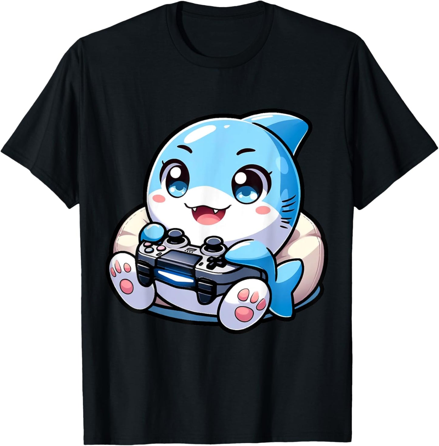 Cute Shark Playing Console Video Games - Shark Gaming T-Shirt - T-Shirt | Black