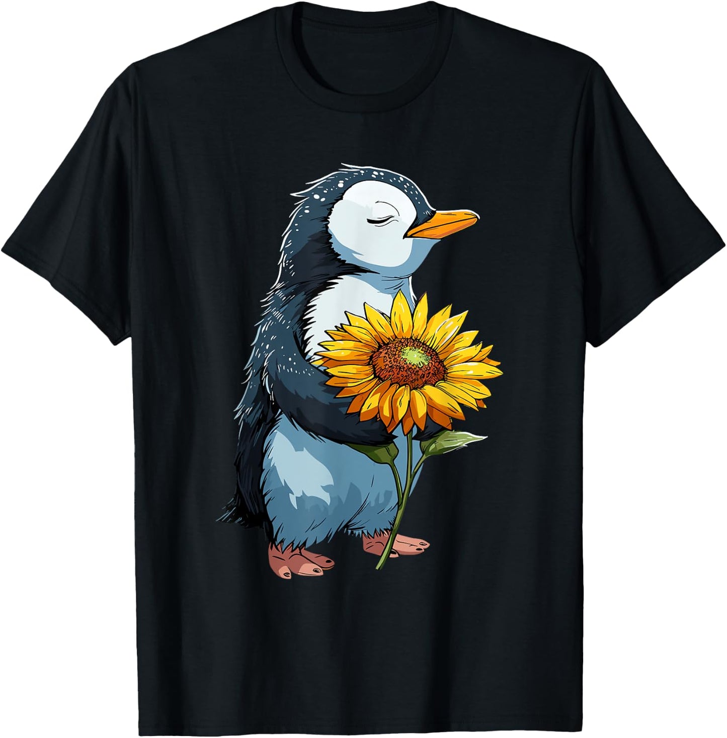 Penguin Holding Sunflower Cute Penguin Lover T-Shirt - T-Shirt | Black