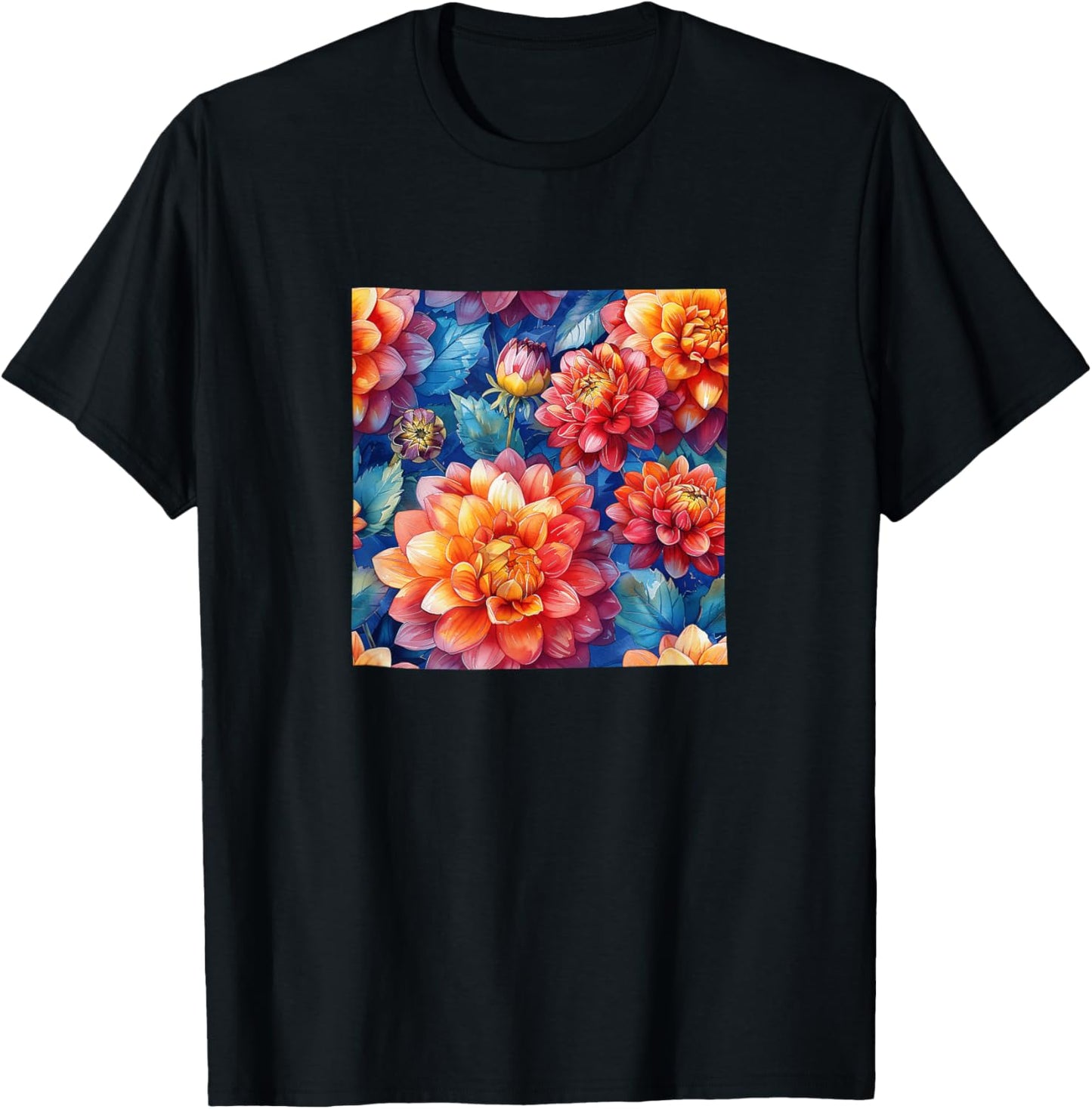 Dahlia Flower Watercolor Pattern Graphic T-Shirt - T-Shirt | Black