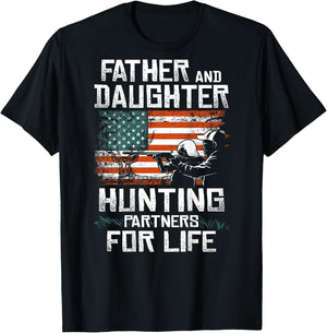 Father Daughter Hunting Partners American Flag On the Back T-Shirt - T-Shirt | Black