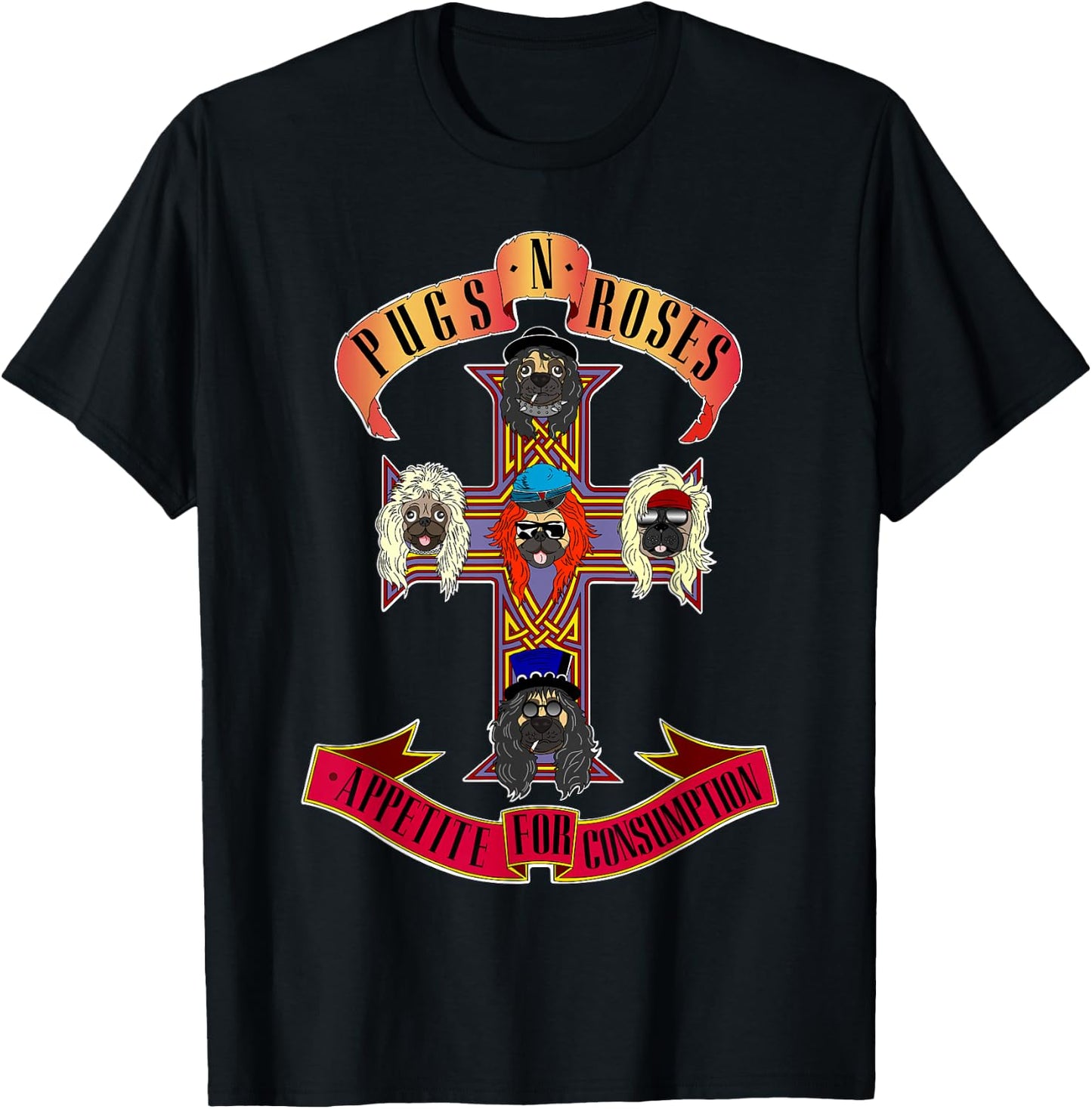 Pugs & Roses Funny Classic Rock And Roll Lover Pug Owner T-Shirt - T-Shirt | Black