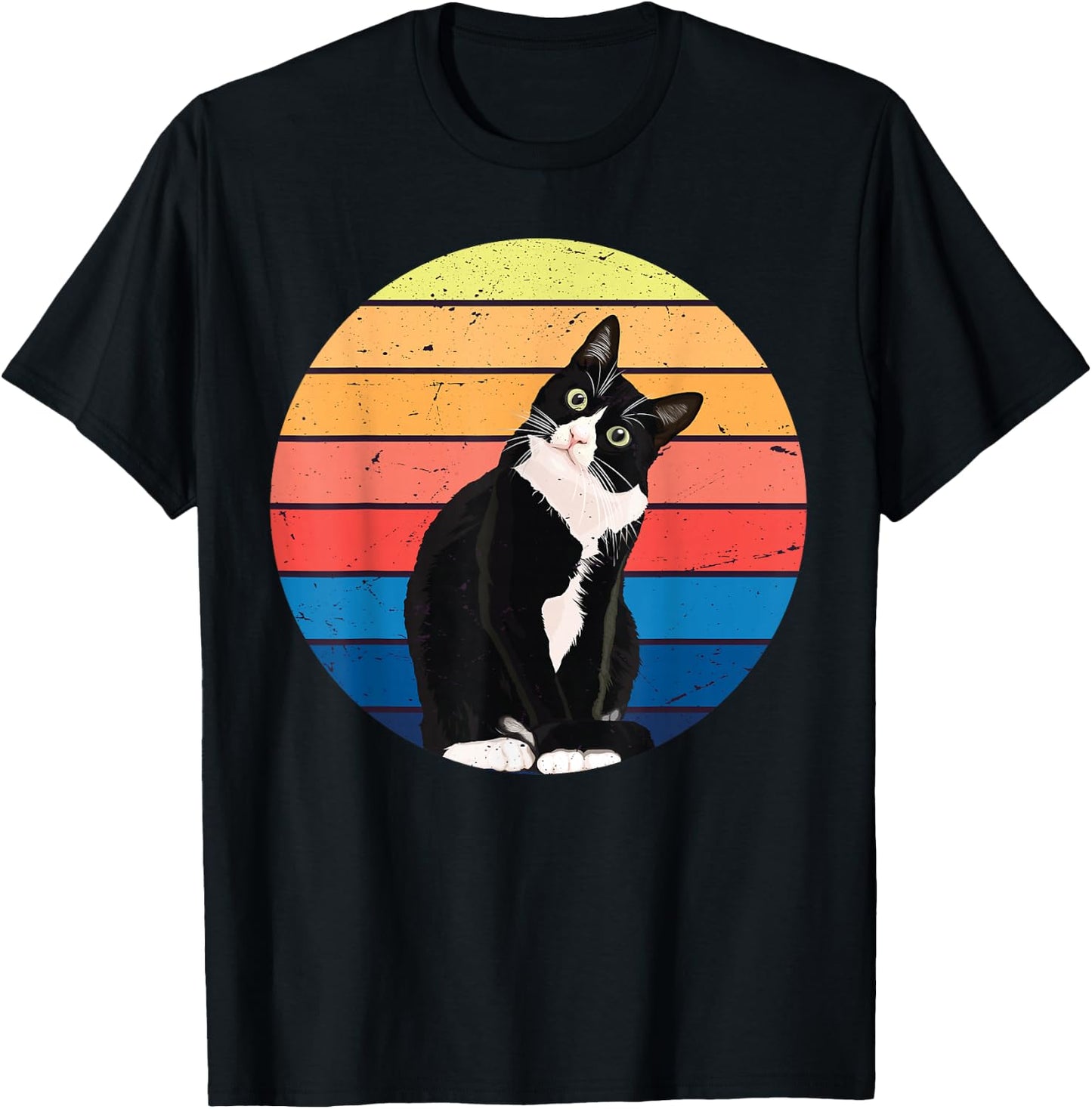 Tuxedo Cat Gift Retro Colors for Animal Lovers T-Shirt - T-Shirt | Black