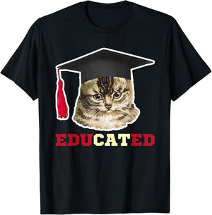 Educated Cat in Graduation Cap Funny Grad Gift T-Shirt - T-Shirt | Black