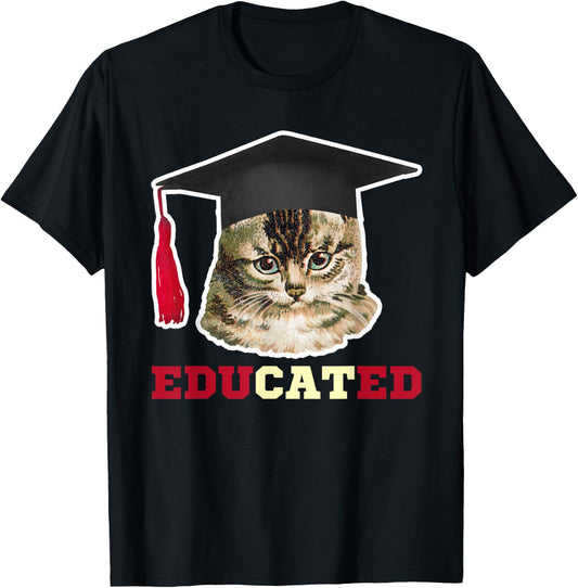 Educated Cat in Graduation Cap Funny Grad Gift T-Shirt - T-Shirt | Black