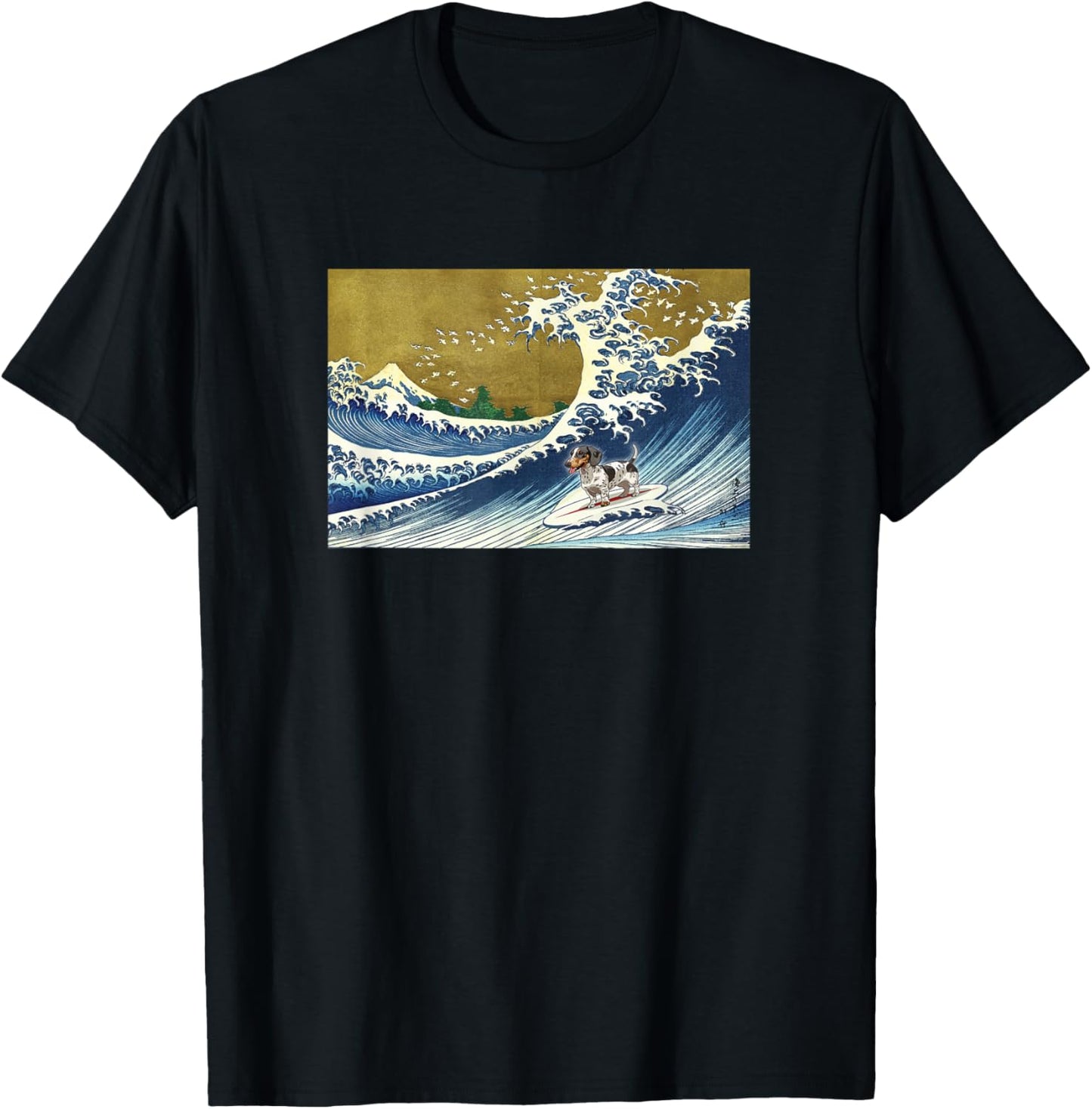 Funny Retro Vintage Surfing A Wave Piebald Dachshund Lover T-Shirt - T-Shirt | Black