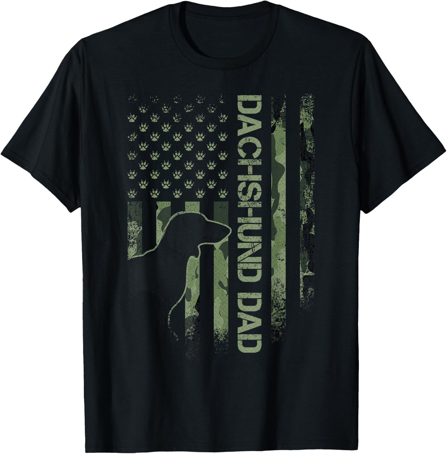 Vintage USA Camo Flag Proud Dachshund Dad Wiener Silhouette T-Shirt - T-Shirt | Black