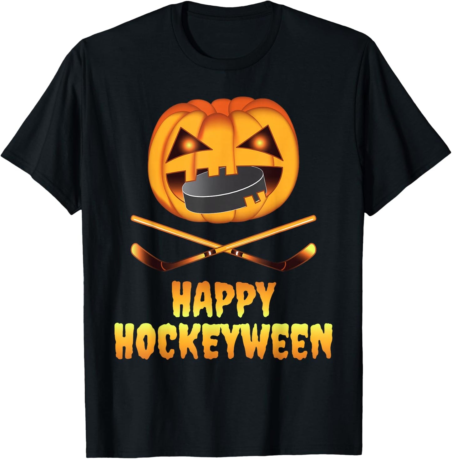 Happy Hockeyween Hockey Pumpkin Eating Puck Funny Halloween T-Shirt - T-Shirt | Black