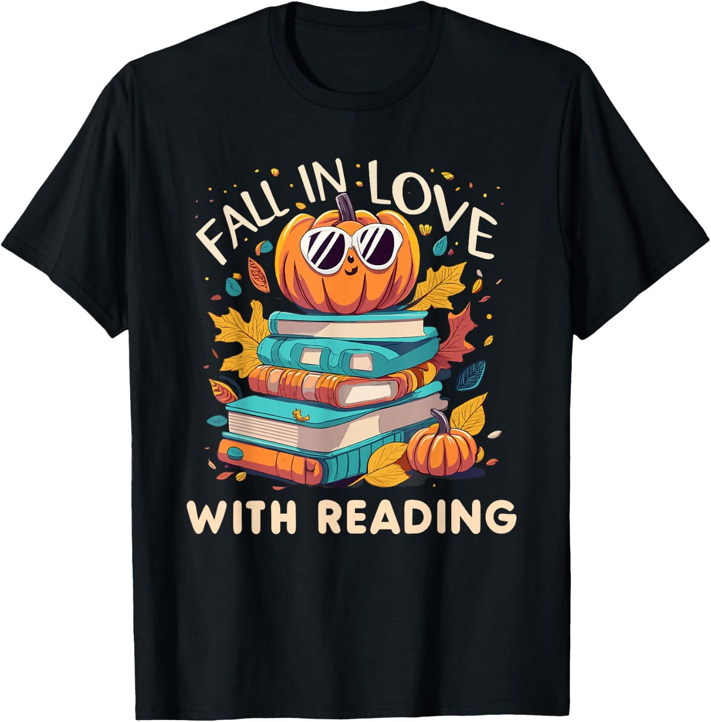 Fall In Love With Reading Book Autumn Pumpkins And Teachers T-Shirt - T-Shirt | Black