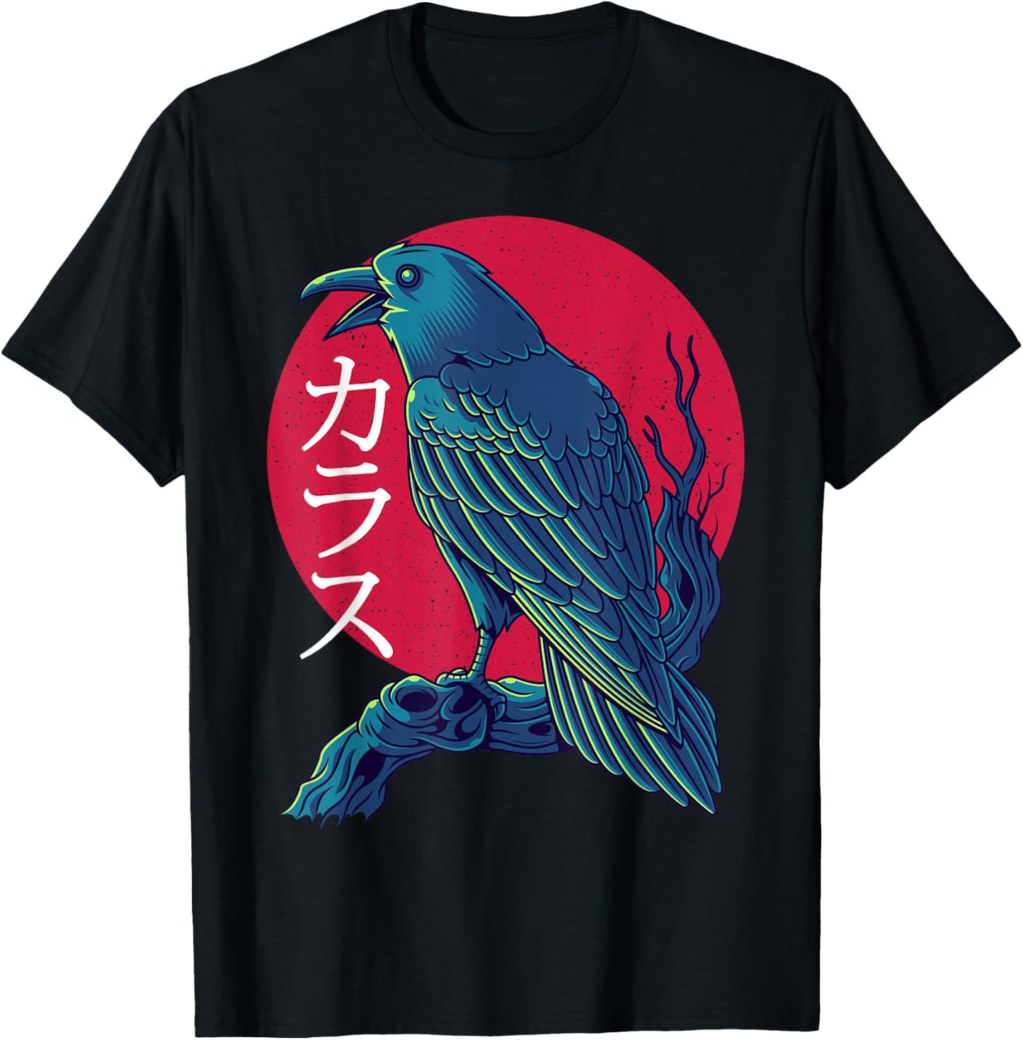 Red Moon Raven Black Crow Bird Japanese Gothic T-Shirt - T-Shirt | Black