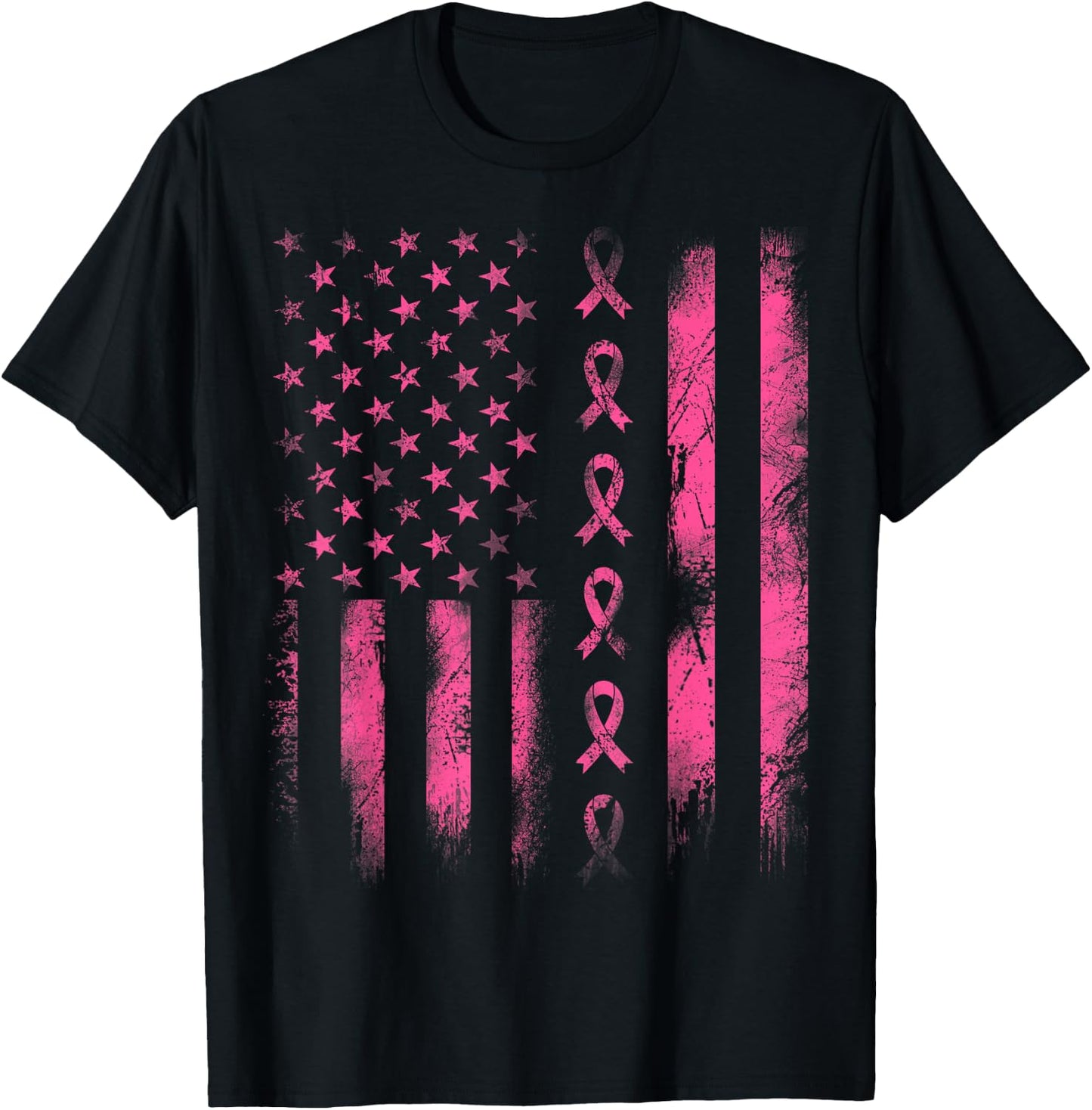 Breast Cancer Awareness - Pink Ribbon American Flag Women Kids Men T-Shirt - T-Shirt | Black