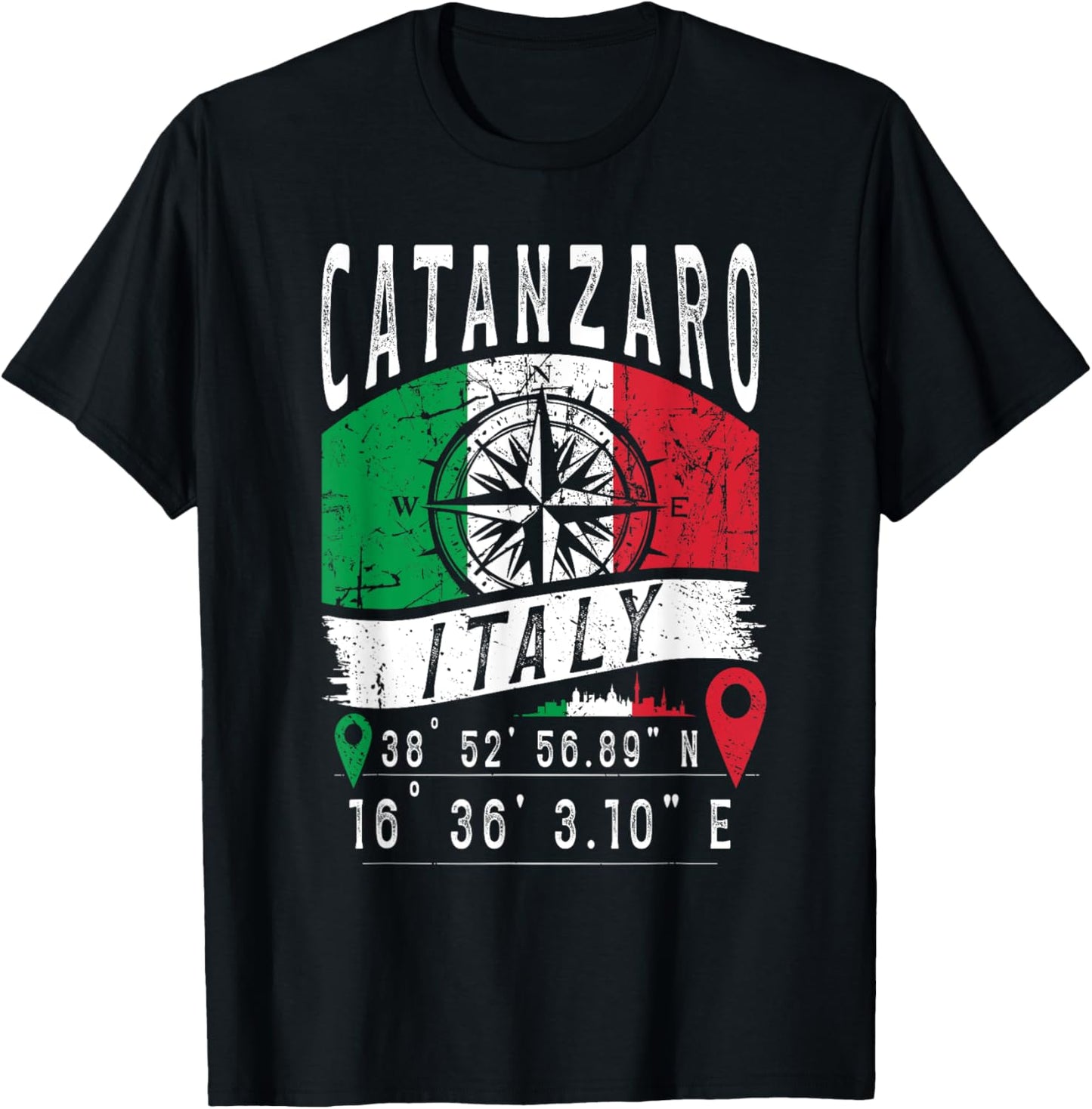 Catanzaro Italy Flag Italia GPS Coordinates Of Catanzaro T-Shirt - T-Shirt | Black