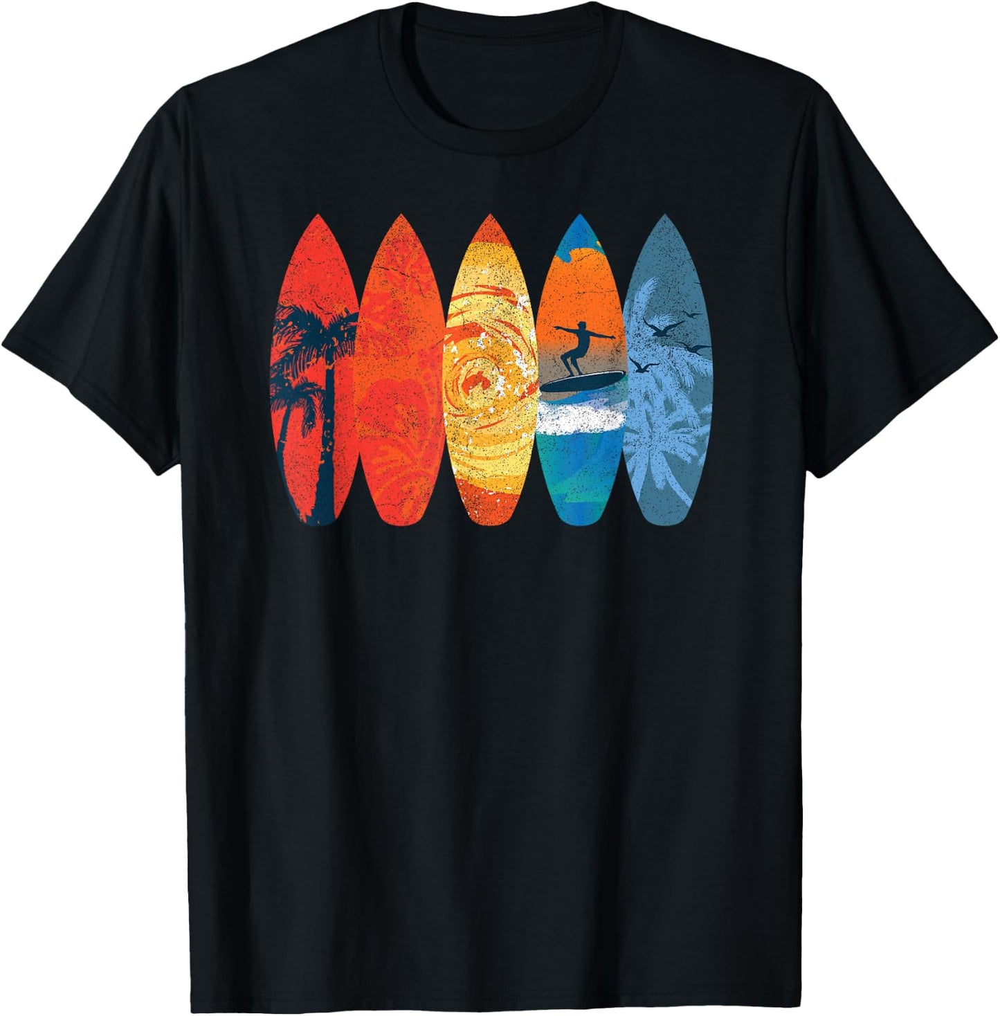 Surfing Surfer Palm Tree Surfboard Sunset Wave T-Shirt - T-Shirt | Black