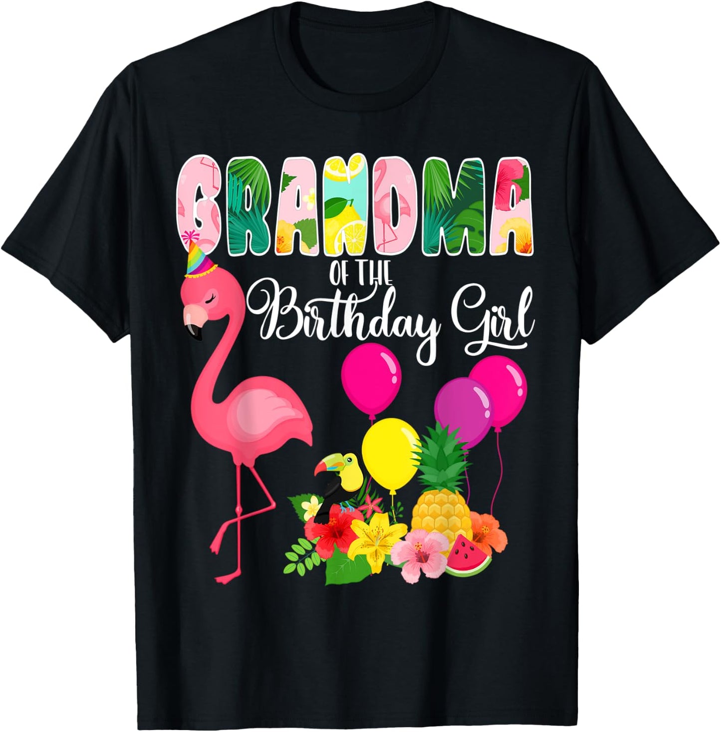 Flamingo Birthday Grandma Of The Birthday Girl Flamingo Bday T-Shirt - T-Shirt | Black