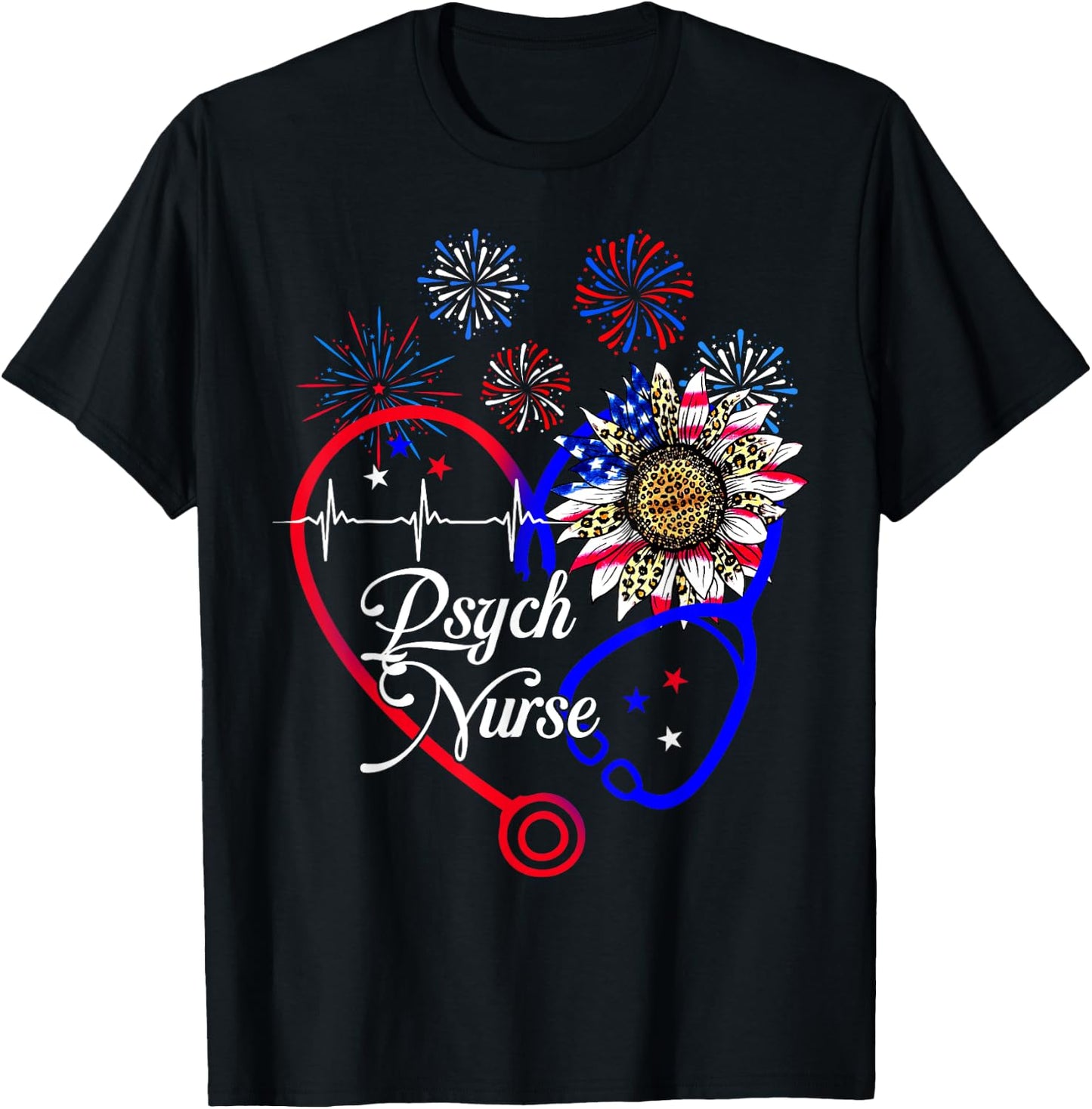 Patriotic American Psych Nurse Sunflower 4th Of July Nursing T-Shirt - T-Shirt | Black
