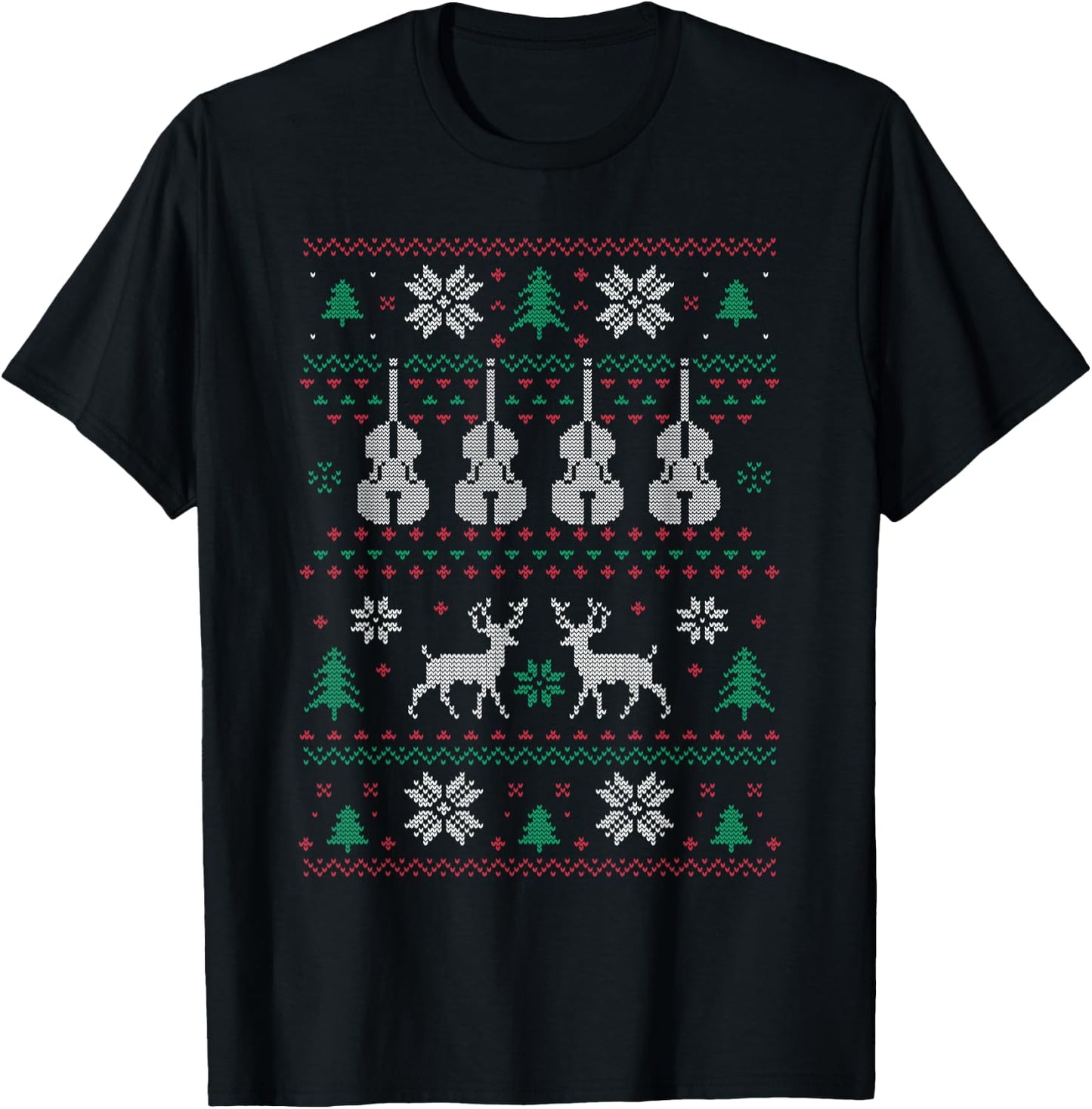 Ugly Christmas Double Bass Player Funny String Bass T-Shirt - T-Shirt | Black