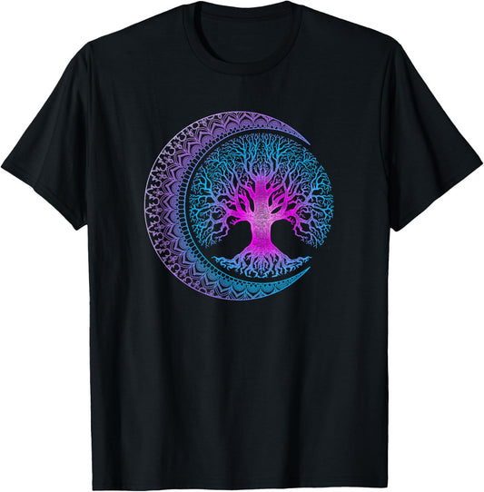 Tree of Life Cresent Moon Phases Mandala Yoga Gift T-Shirt - T-Shirt | Black