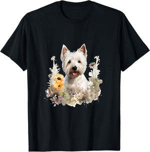 West Highland White Terrier Dog With Flowers Pastel Floral Men Women Girls Kids T-Shirt - T-Shirt | Black