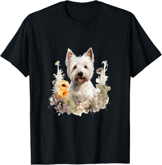 West Highland White Terrier Dog With Flowers Pastel Floral Men Women Girls Kids T-Shirt - T-Shirt | Black