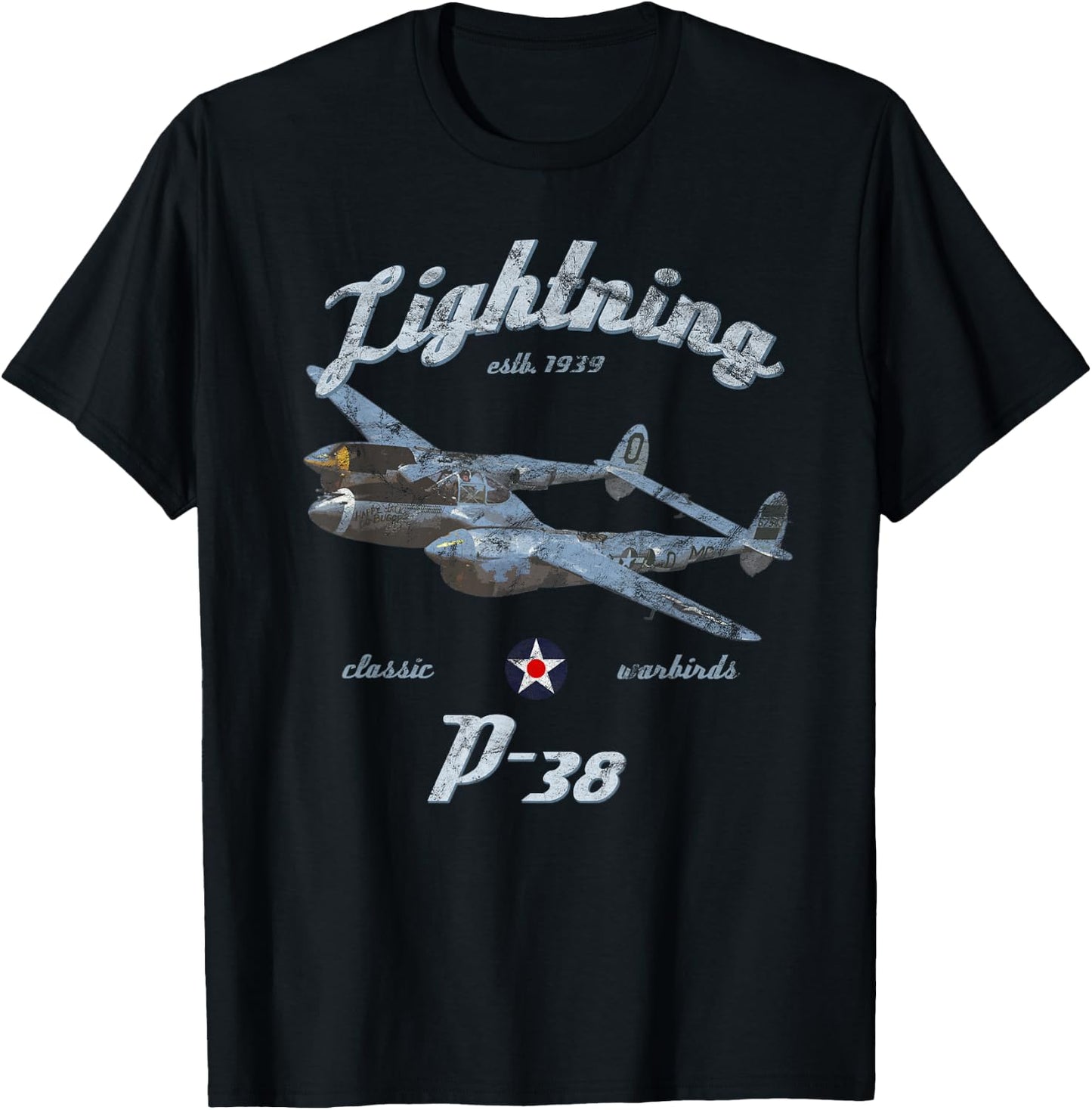 Designed For Flight P-38 Lightning Classic Warbird WWII Fighter Airplane Vintage Black Adult T-Shirt - T-Shirt | Black