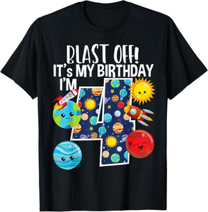 Space Planets Funny Solar Space 4th Birthday Party 4 Yrs Old T-Shirt - T-Shirt | Black