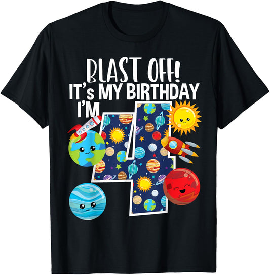 Space Planets Funny Solar Space 4th Birthday Party 4 Yrs Old T-Shirt - T-Shirt | Black