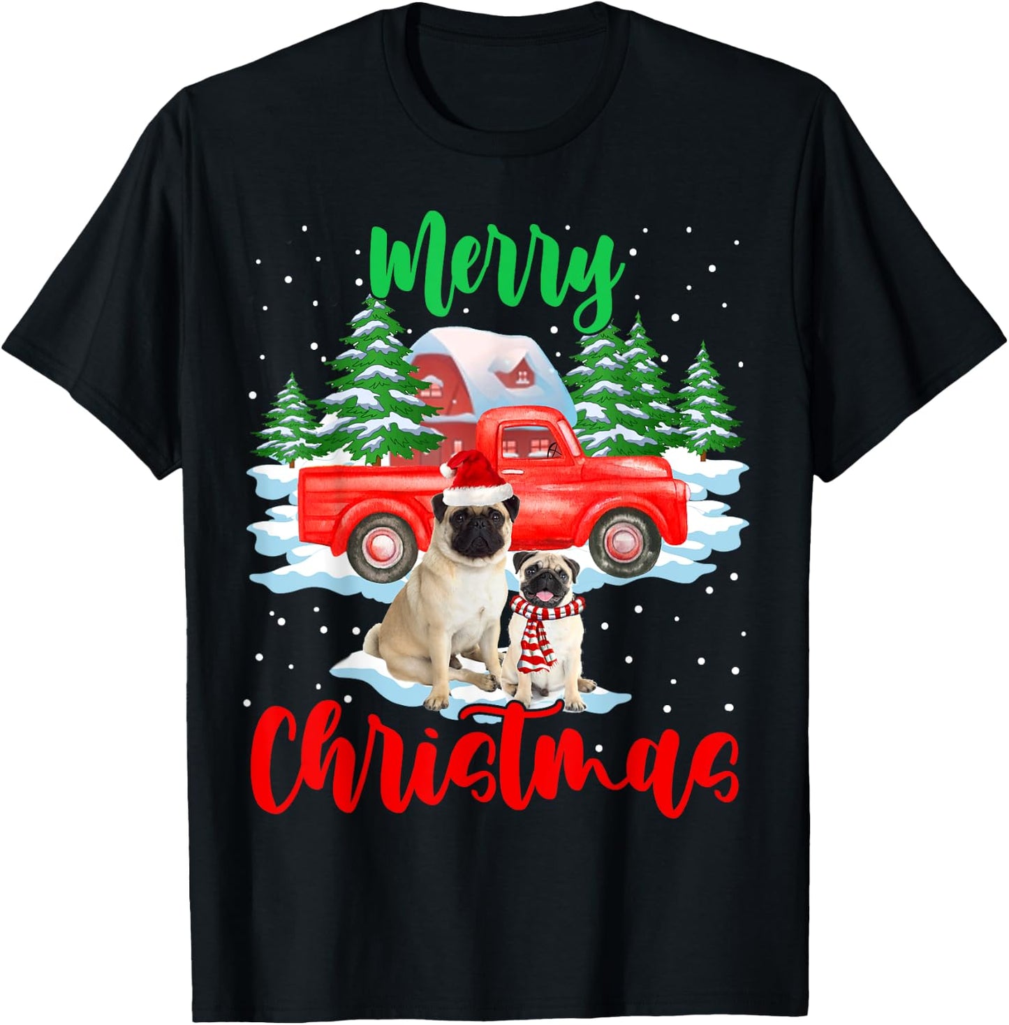 Merry Christmas Santa Pug And Truck Dog Gift Women Kids T-Shirt - T-Shirt | Black