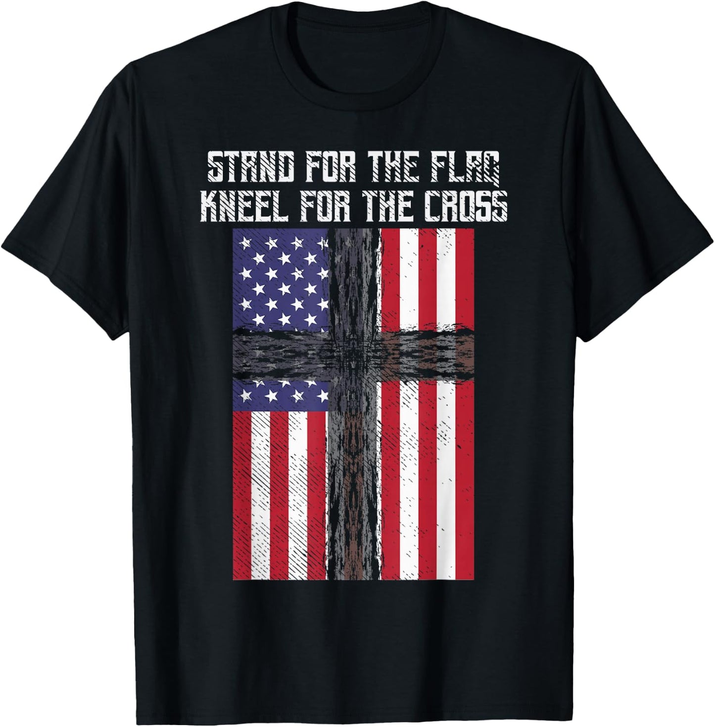 Stand Flag Kneel Cross God Jesus America US Christian Gift T-Shirt - T-Shirt | Black