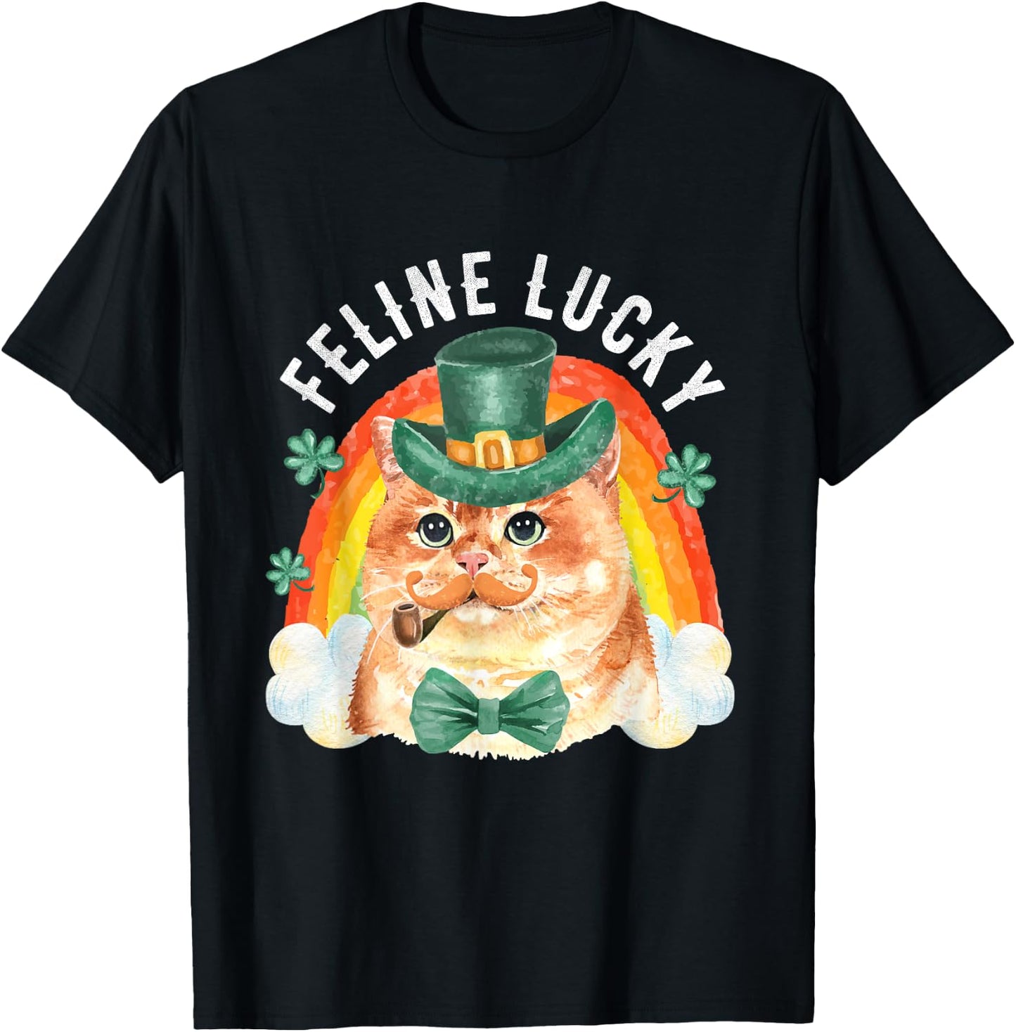 Feline Lucky St Patricks Day Funny Leprechaun Cat Rainbow T-Shirt - T-Shirt | Black