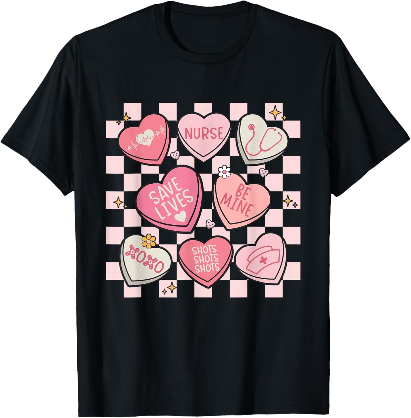 Women Valentines Nurse Hearts Candy Valentine Nursing T-Shirt - T-Shirt | Black