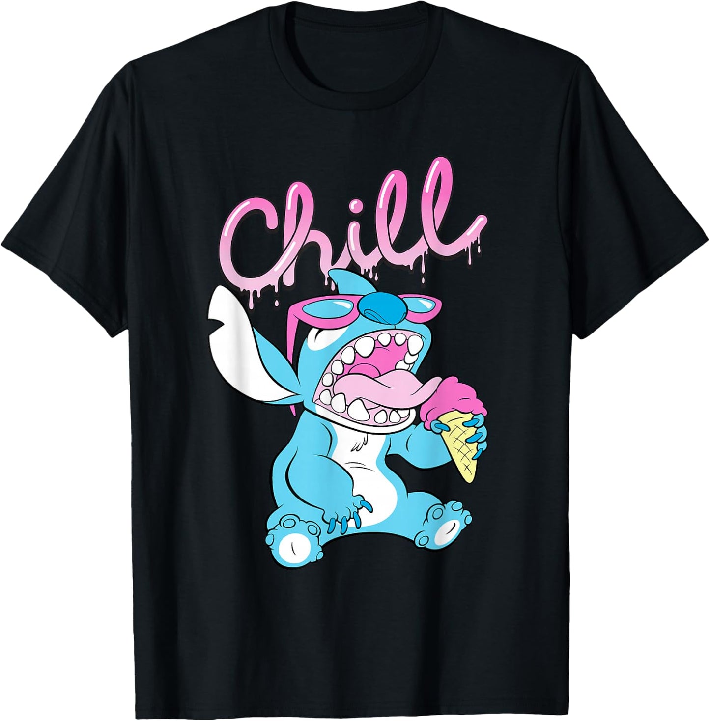 Disney Lilo and Stitch Neon Ice Cream Chill Drip T-Shirt - T-Shirt | Black