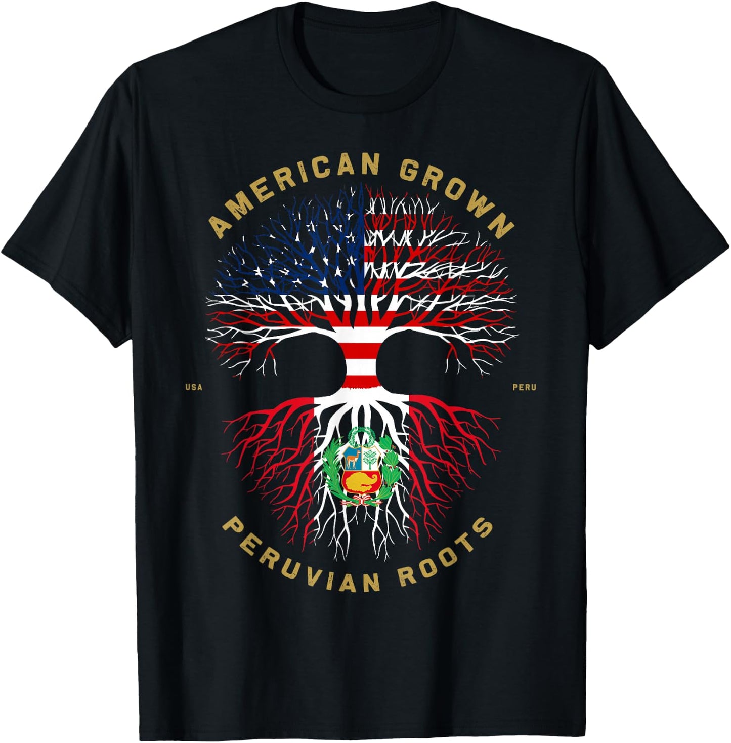 American Grown with Peruvian Roots Tree USA Flag Gifts T-Shirt - T-Shirt | Black