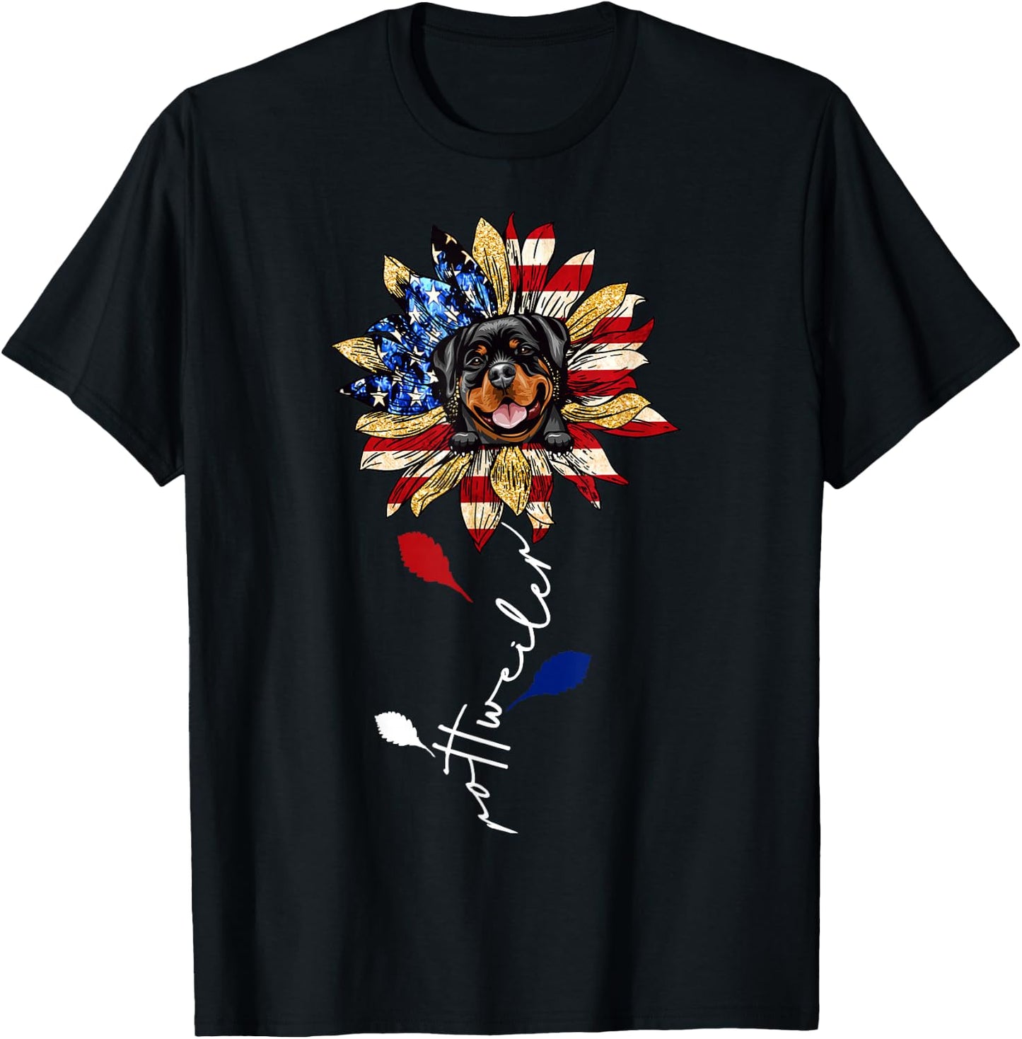 Rottweiler Sunflower American Flag 4th of July Funny T-Shirt - T-Shirt | Black
