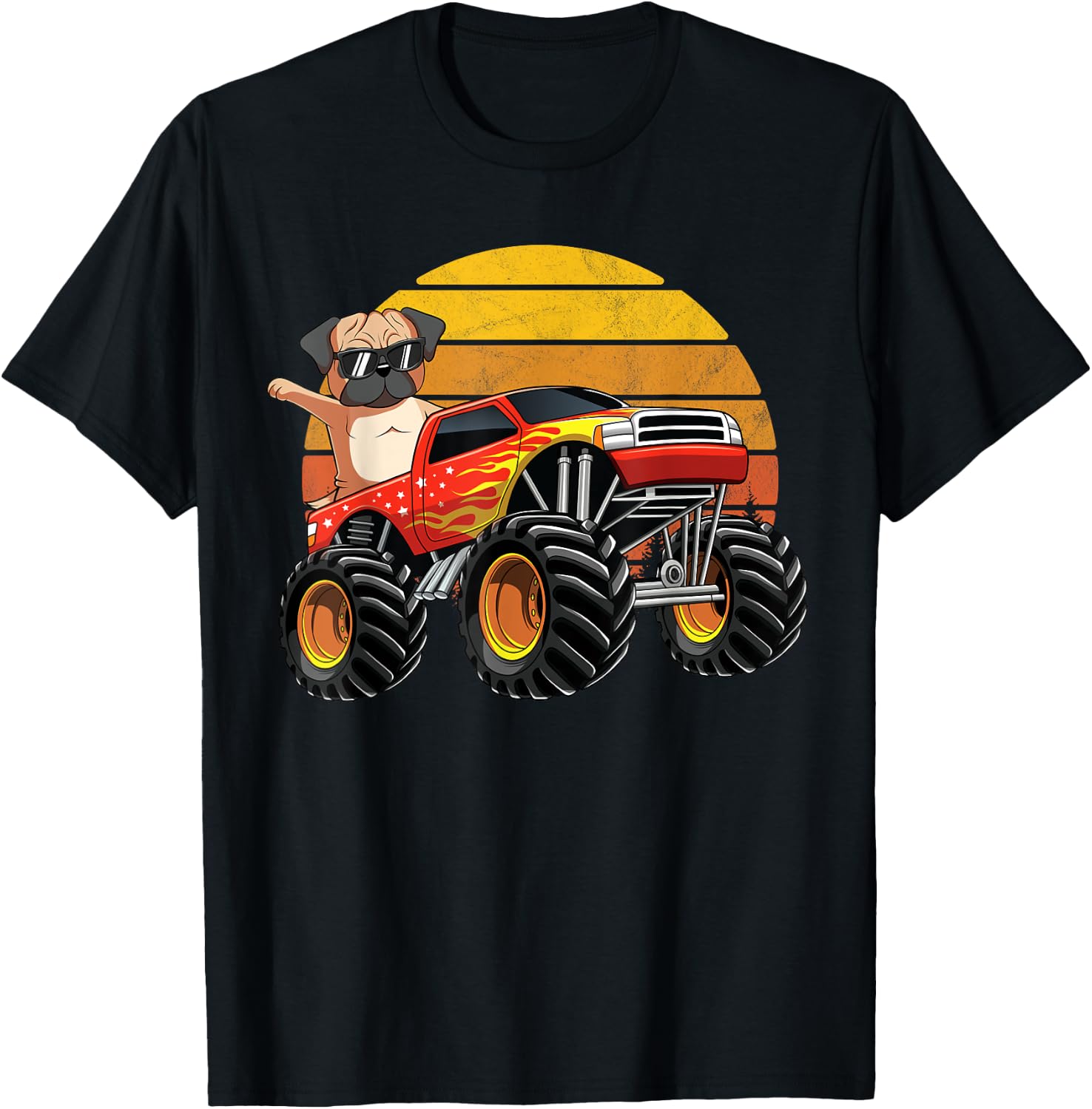 Vintage Monster Truck Pug Dog Retro Sunset Boys T-Shirt - T-Shirt | Black